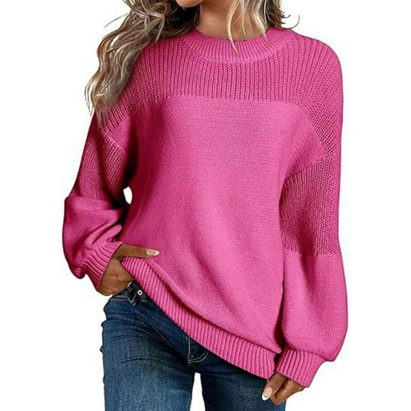 Vetsdori Sweaters for Women Plain Soft Hot Pink Pullover Fall and Winter Round Collar Trendy Soft Womens Tops