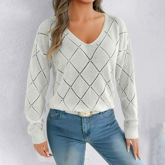 Royisotas Sweaters for Women Pullover Checkered V Neck White Juniors Sweater Tops Long Sleeve