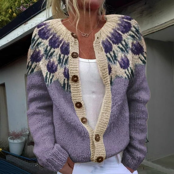 Royisotas Sweaters for Women Purple Plus Size Cardigan Fashion Crewneck Long Sleeve Printed Ladies Sweater Tops Button Down