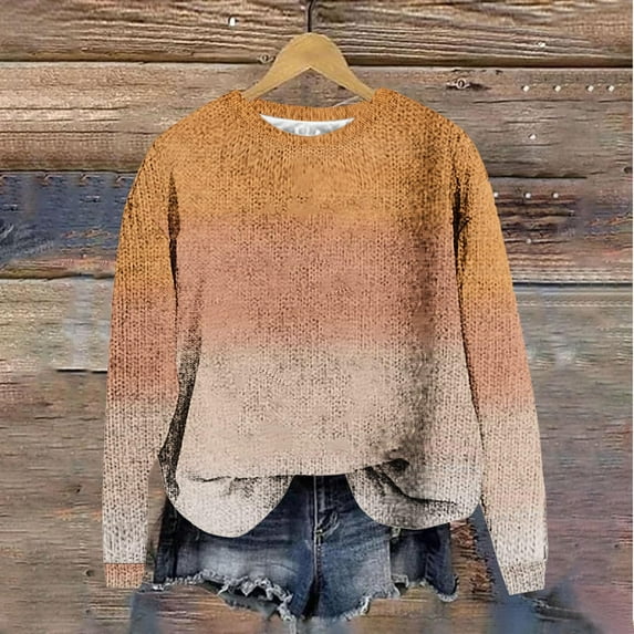 Vetsdori Sweaters for Women Yellow Holiday Pullover Loose Gradient Print Crewneck Long Sleeve Womens Sweaters Office