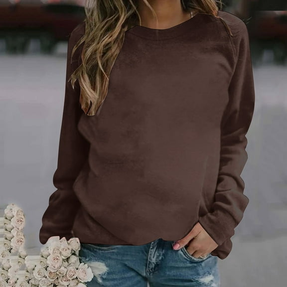 Elvqul Sweatshirts Women Brown Loose Fit Plain Oversized Ladies Womens Tops Crewneck Long Sleeve Shirts Casual Work Sweatshirts