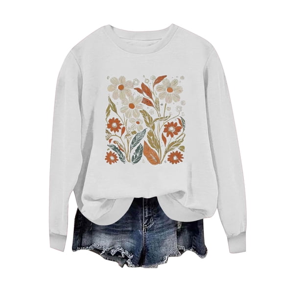 Elvqul Sweatshirts for Women Crew Neck White Long Sleeve Graphic Tops Loose Fit Casual Work T-shirts Ladies Sweatshirts