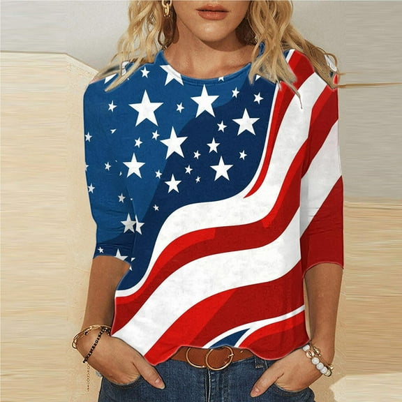 Elvqul T-Shirts for Women 3/4 Sleeve 4th of July Tops Patriotic American Flag Independence Day Plus Size Ladies Shirts Star