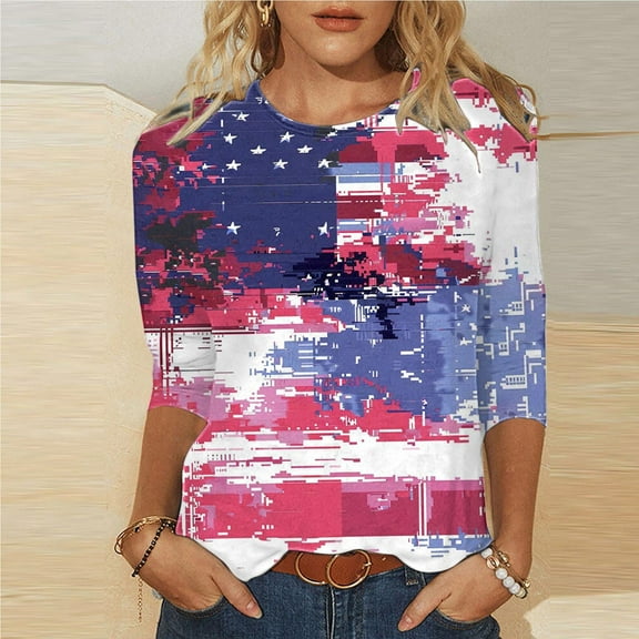 Elvqul T-Shirts for Women American Flag Independence Day Tops Fourth of July Star Round Neck Womens Blouses 3/4 Sleeve