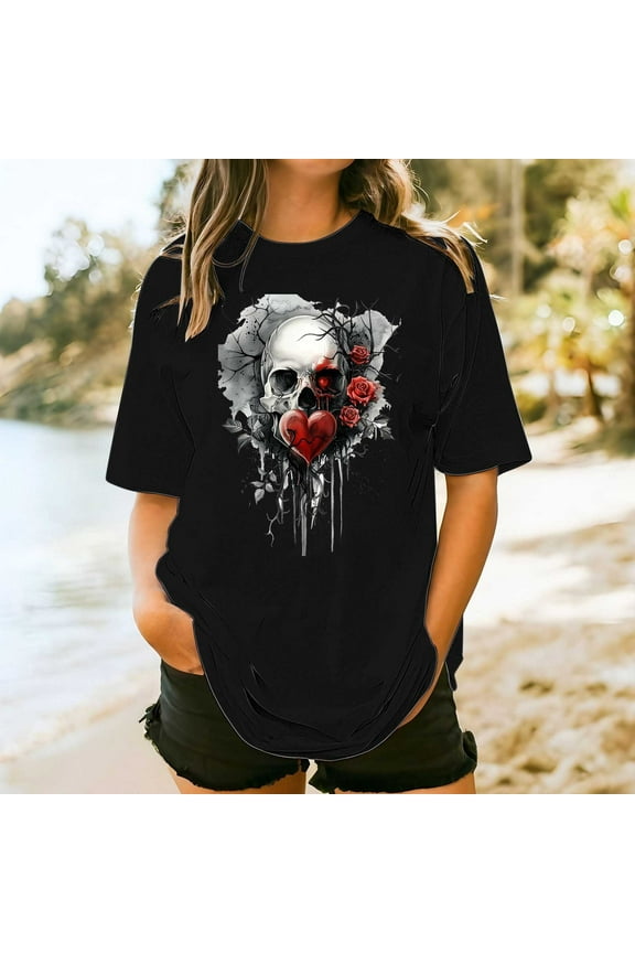 T Shirts for Women Plus Size Casual Tops Short Sleeve Black Graphic Crew Neck Juniors Blouses