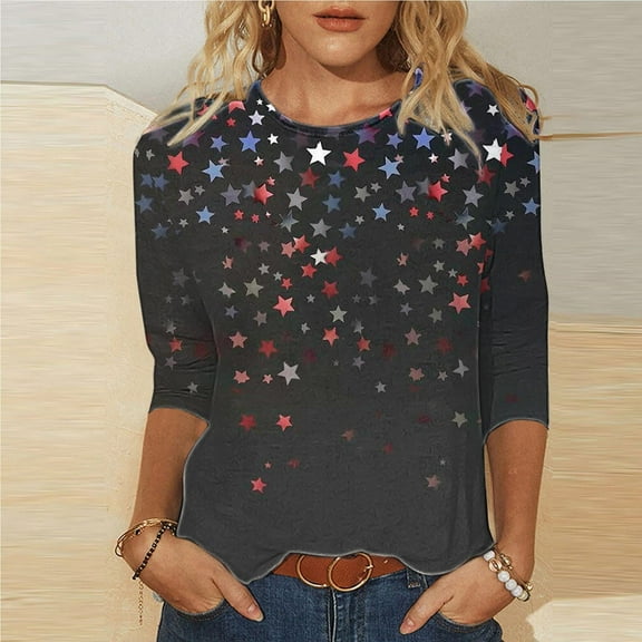 Elvqul T-Shirts for Women Plus Size Patriotic Tops American Flag Independence Day Fourth of July Round Neck Star Juniors Shirts
