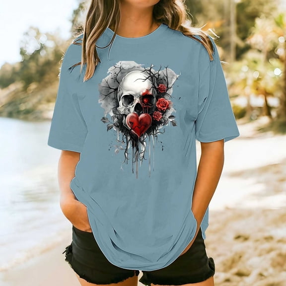 Elvqul T Shirts for Women Plus Size Short Sleeve Tops Graphic Summer Blue Trendy Womens Blouses Crew Neck