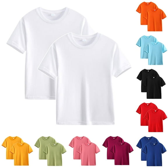 Elvqul T-shirts for Girls White Plain Short Sleeve Comfortable Cotton Crew Neck 2 Pack Girls Tops