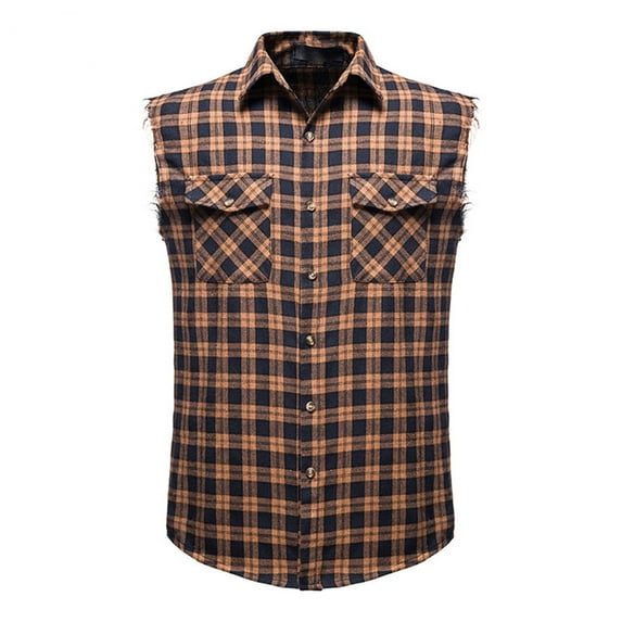 Elvqul Tank Tops for Men Casual Brown Shirts Sleeveless Printed Stylish Lapel with Pocket Mens T-Shirts