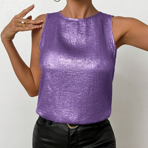 Elvqul Tank Tops for Women Solid Crew Neck Pullover Sequin Sleeveless Holiday Purple Tops