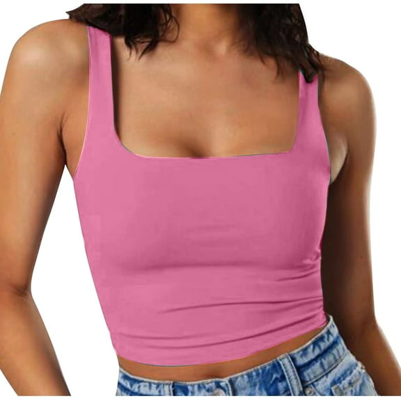 Elvqul Tank Tops for Women Solid Under $5 Square Neck Pullover Cropped Holiday Sleeveless Pink Tops