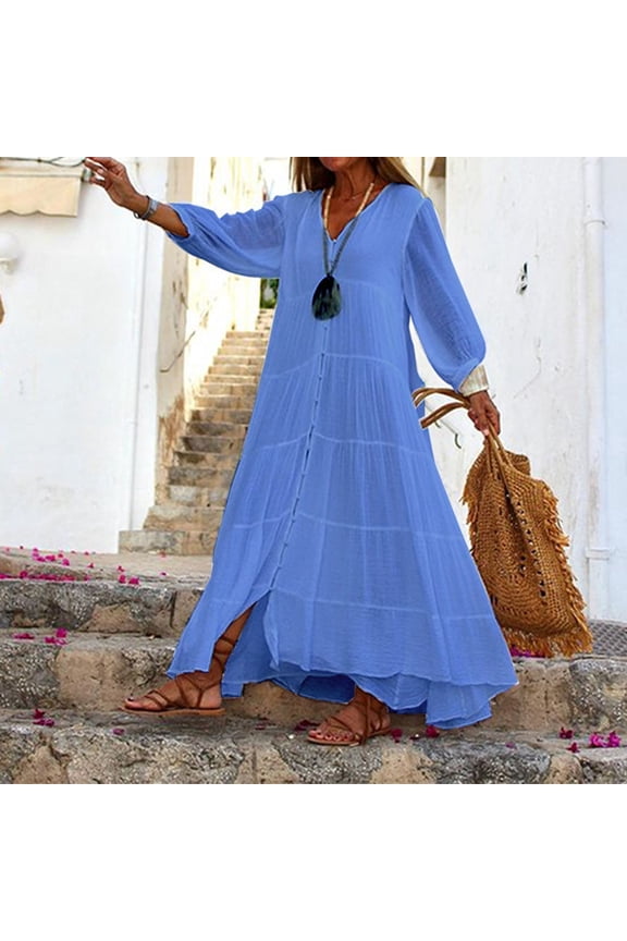 Tiered Dresses for Women Long Sleeve Pullover Dresses V Neck Long Spring Juniors Dresses Solid