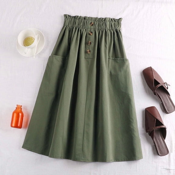 Elvqul Tiered Midi Skirt for Women Summer Elastic Waist A Line Skirt Vacation Army Green Beach Solid Casual Womens Swing Skirt