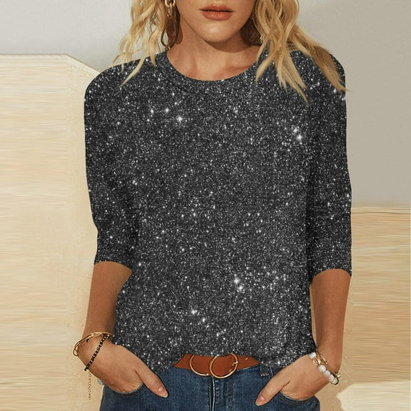 Elvqul Tops Women 3/4 Sleeve Sequin Print Casual Tshirts Black Plus Size Blouses Soft Crew Neck Pullover Ladies Tops