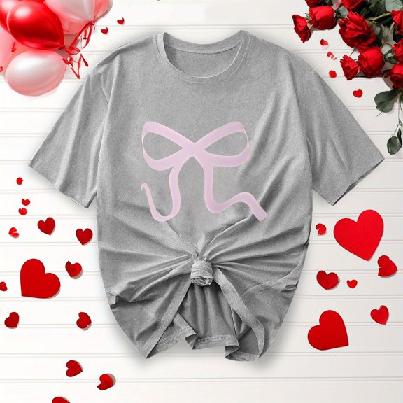 Elvqul Tops Women Fashion Loose Fit Gray Blouses Short Sleeve T-Shirts Crew Neck Bow Print Cotton Pullover Tops