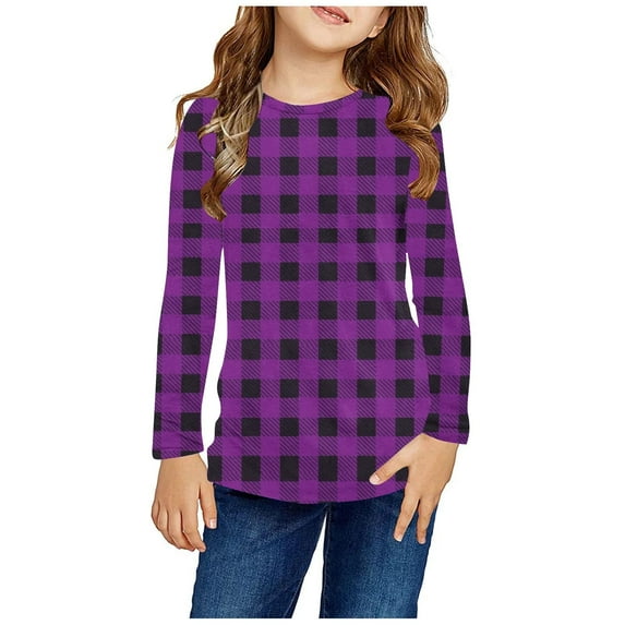 Elvqul Tops for Boys Cute Plaid Print Purple Long Sleeve Crew Neck School Boys Shirts