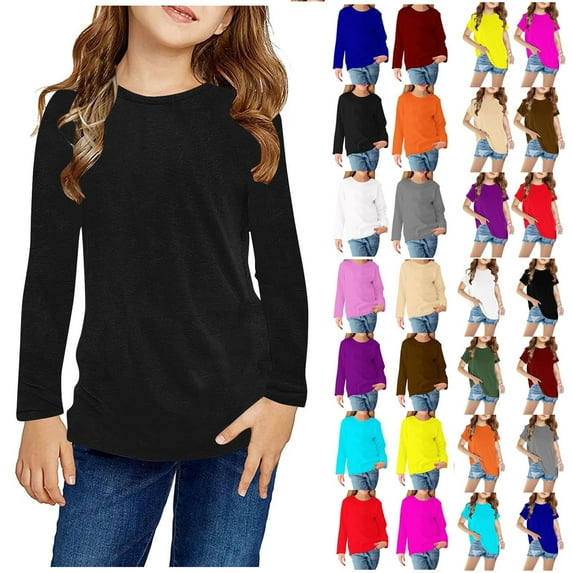 Elvqul Tops for Boys Cute Plain Crew Neck Black School Long Sleeve Boys Shirts