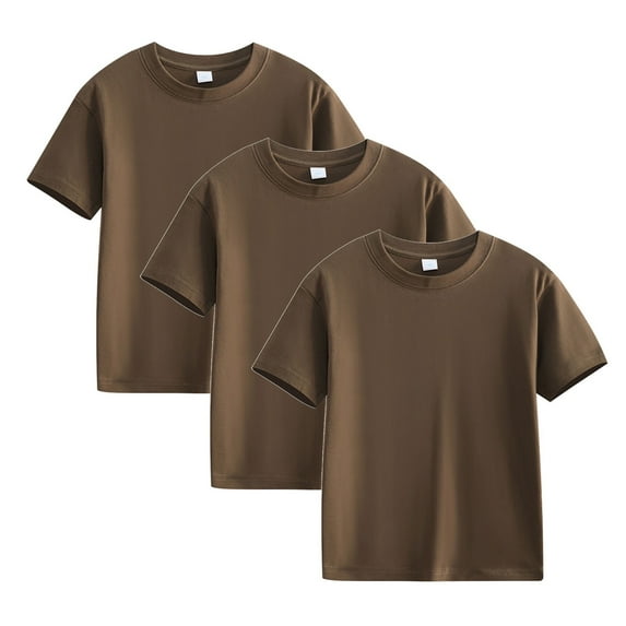 Elvqul Tops for Girls Plain 3 Pack Coffee Round Neck Cotton Short Sleeve Kids Girls Shirts