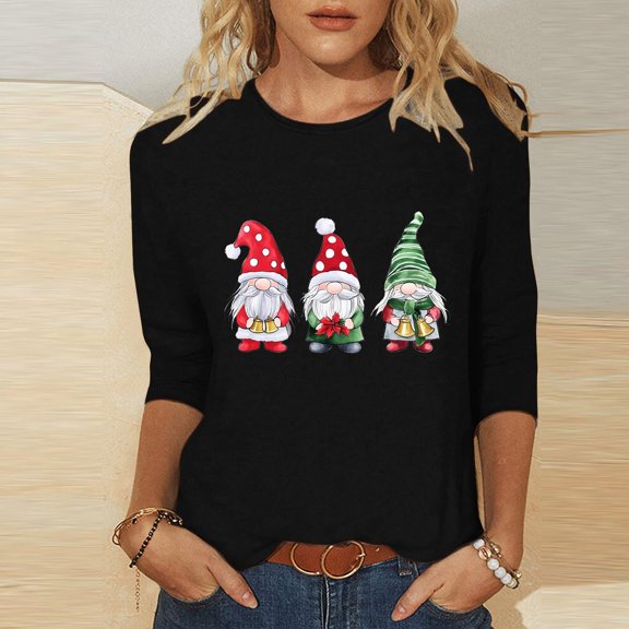 Elvqul Tops for Women 3/4 Sleeve Blouses Relaxed Fit Versatile Christmas Pullover Juniors Tops Crew Neck