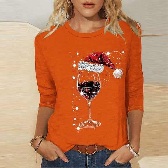 Elvqul Tops for Women 3/4 Sleeve Shirts Pullover Fashionable Crewneck Graphic Womens Tops Christmas