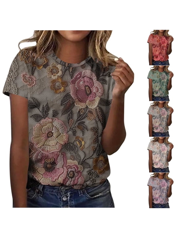 Tops for Women Casual Blouses Graphic Short Sleeve under 5 Fashion Loose Fit Juniors T Shirts Crew Neck