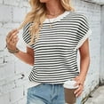 thumbnail image 1 of Elvqul Tops for Women Cotton Round Neck Sweater White Casual Pullover Stripe Print Juniors Short Sleeve Tops, 1 of 7