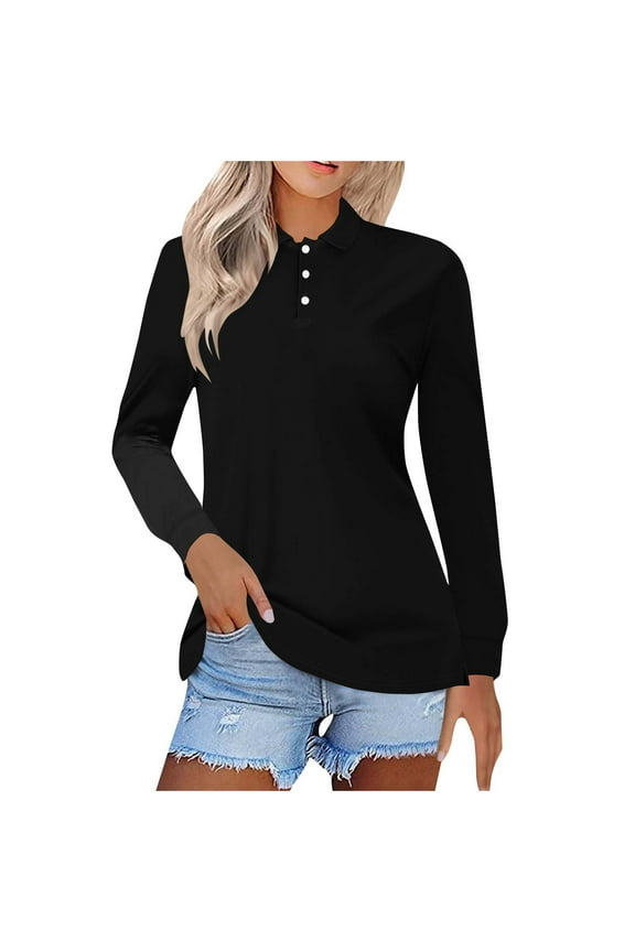 Tops for Women Fashion Collared Black Blouses Comfy Plus Size Solid Pullover Long Sleeve Shirt T-Shirts Tops