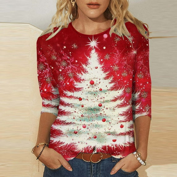 Elvqul Tops for Women Fashion Shirts Plus Size Crewneck Cute Christmas Womens Tops 3/4 Sleeve