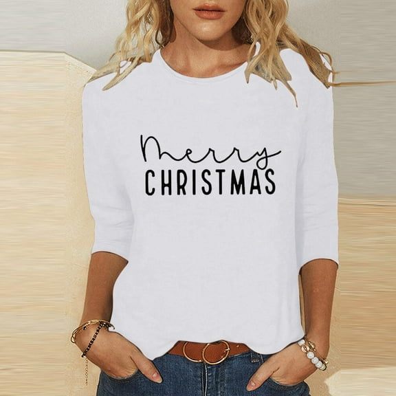 Elvqul Tops for Women Funny Shirts 3/4 Sleeve Plus Size Crew Neck Christmas Pullover White Ladies Tops Vacation