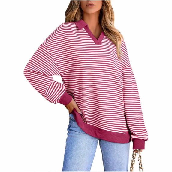 Elvqul Tops for Women Long Sleeve Striped Blouses Red Casual Printed Loose V Neck Womens Shirts