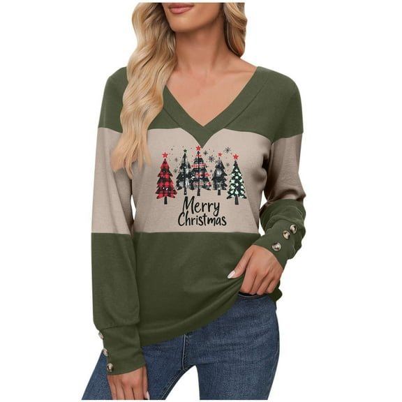 Elvqul Tops for Women Long Sleeve T Shirts Dressy Pullover Block Graphic Christmas Womens Blouses V-Neck