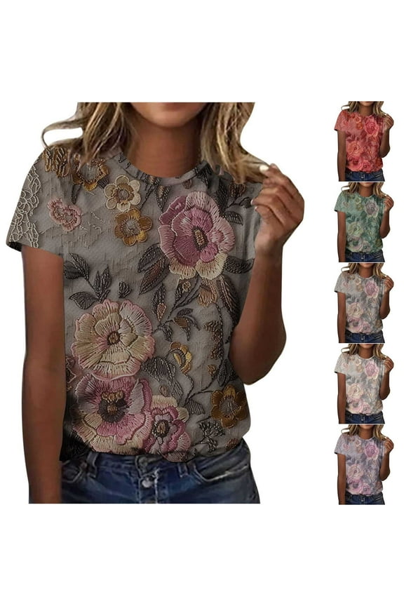 Tops for Women Loose Fit Summer Blouses Short Sleeve Pink Graphic Dressy Juniors T Shirts