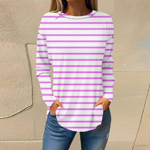 Elvqul Tops for Women Plus Size Pink Long Sleeve Womens T Shirt Crew Neck Casual Striped Print Loose Tops