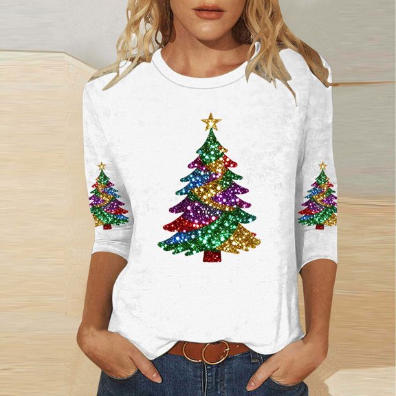 Elvqul Tops for Women Pullover 3/4 Sleeve Shirts Round Neck Stylish Soft Printed Womens Tops