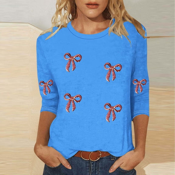 Elvqul Tops for Women Pullover Printed Shirts Crewneck 3/4 Sleeve Fashionable Womens Tops Christmas