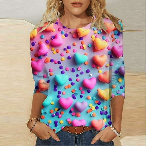Elvqul Tops for Women Pullover Round Neck Shirts 3/4 Sleeve Loose Fit Versatile Printed Juniors Tops Valentines