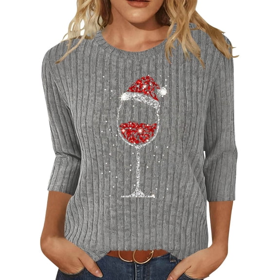 Elvqul Tops for Women Pullover Shirts 3/4 Sleeve Cold Weather Round Neck Christmas Womens Tops Loose Fit