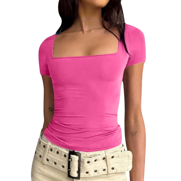 Elvqul Tops for Women Scoop Neck Blouses Short Sleeve Coffee Spring Summer Pullover Comfy Slim Fitted Womens Shirts Solid