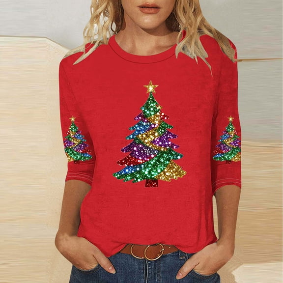 Elvqul Tops for Women Stylish Shirts Pullover 3/4 Sleeve Soft Printed Juniors Tops Christmas