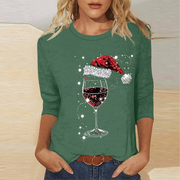 Elvqul Tops for Women Trendy Shirts Graphic Crewneck Christmas Pullover Womens Tops 3/4 Sleeve