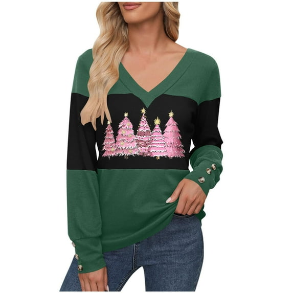 Elvqul Tops for Women V-Neck Christmas T Shirts Long Sleeve Patchwork Green Pullover Fashion Womens Blouses Graphic