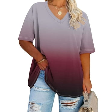 Elvqul Tops for Women under $5 Wine V-Neck Short Sleeve Womens Tee Shirts Clearance Gradient Print Oversized Tops