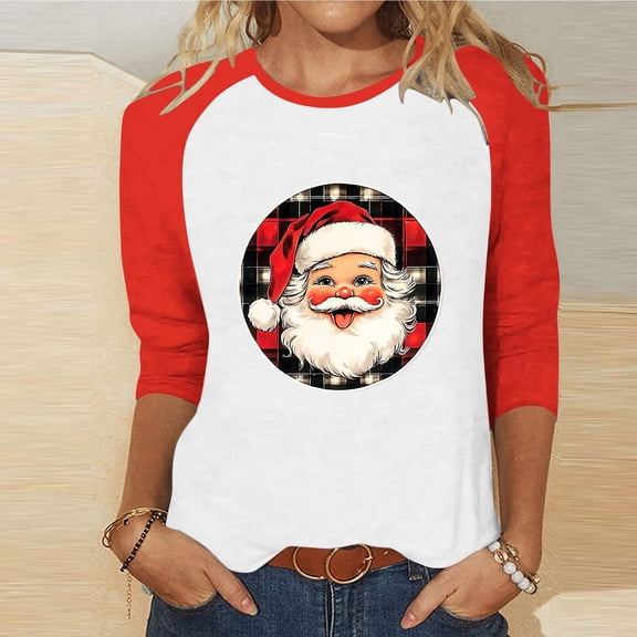 Elvqul Trendy Shirts for Women Crew Neck Tops 3/4 Sleeve Pullover Cold Weather Santa Claus Print Christmas Womens Shirts