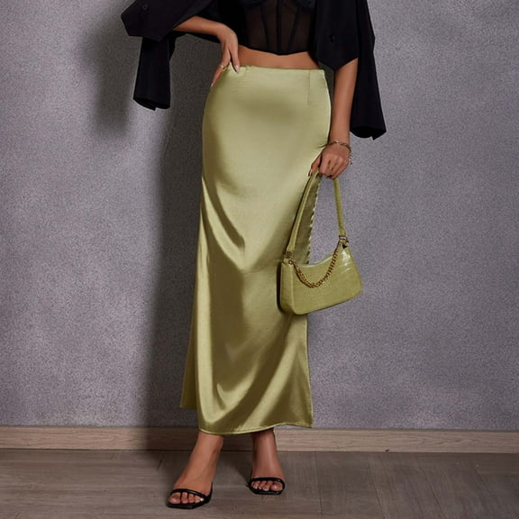 Elvqul Trendy Skirts for Women Plain Elastic Soft Winter High Waist Ladies Long Skirts Green