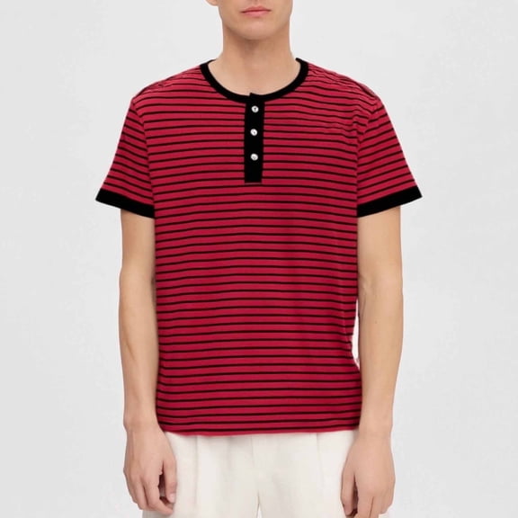 Elvqul Trendy T-Shirt for Men Short Sleeve Button Down Mens Shirts Plus Size Striped Crewneck Tee Red