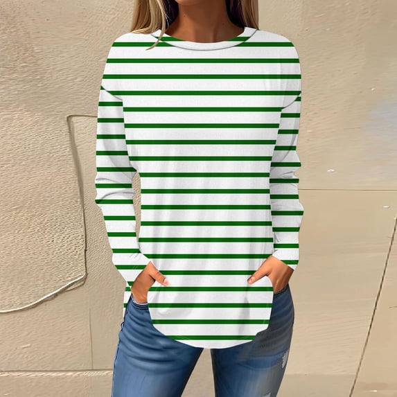 Elvqul Trendy Tshirt for Women 2024 Long Sleeve Green Loose Crew Neck Striped Print Tops