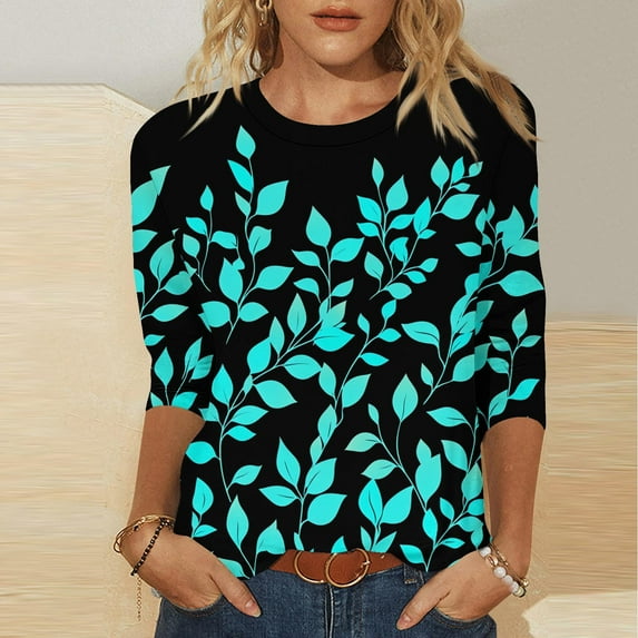 Elvqul Tshirts for Women Crew Neck 3/4 Sleeve Ladies Green Tops Print Casual Pullover Plus Size Blouses Tshirts