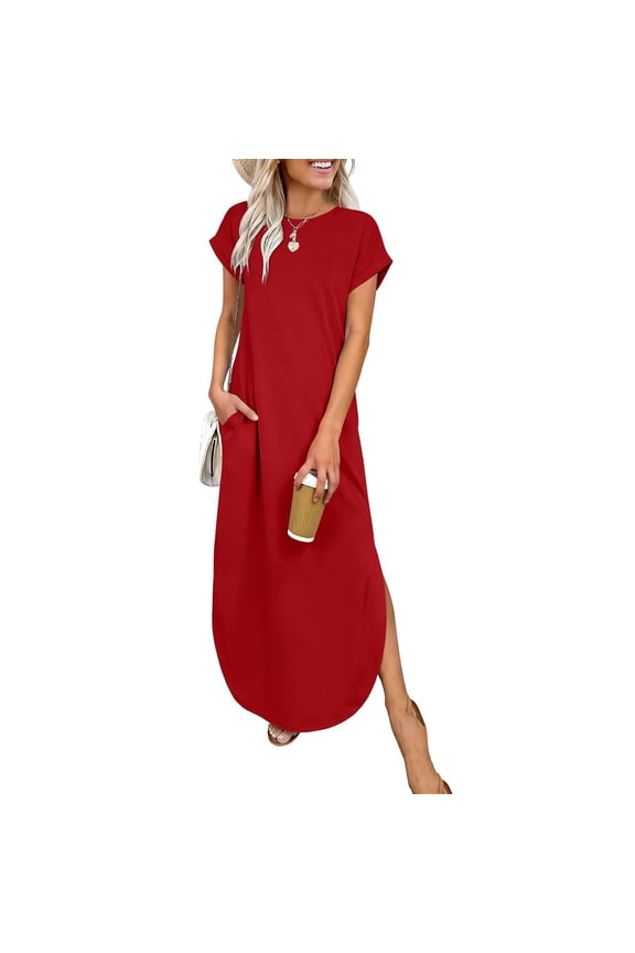Tunic Dresses for Women Crew Neck Mini Dresses Flowy Sleeveless Red Pullover Plain Loose Womens Tank Dresses