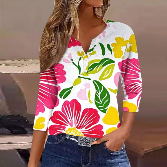 Elvqul Tunic Tops for Women Button V Neck Blouses 3/4 Sleeve Summer Fall Dressy Casual Hot Pink Womens T-Shirts Floral