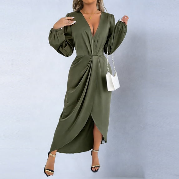 Elvqul V-Neck High-Low Dresses for Women Pullover Dresses Long Sleeve Side Splits Green Tunic Summer s A-Line Dresses Plain